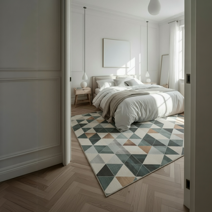 Alfombra Munich | Diseño geométrico moderno en tonos verdes y beige | 4 tamaños disponibles