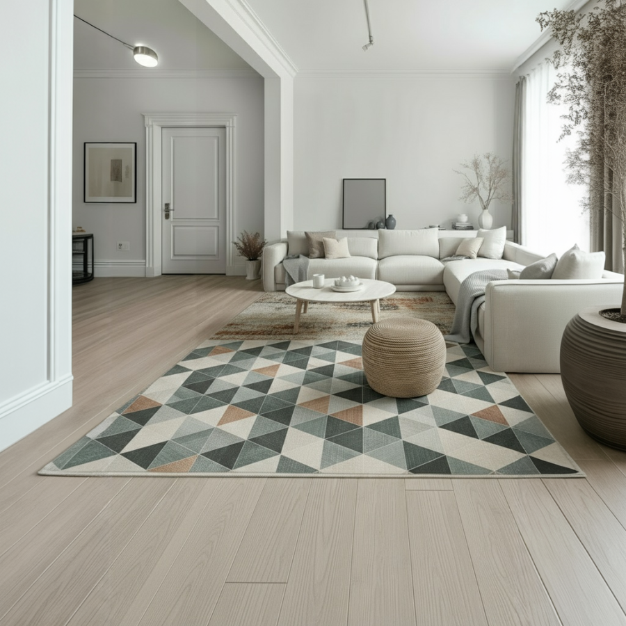 Alfombra Munich | Diseño geométrico moderno en tonos verdes y beige | 4 tamaños disponibles