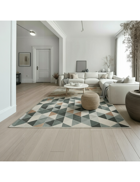 Alfombra Munich | Diseño geométrico moderno en tonos verdes y beige | 4 tamaños disponibles
