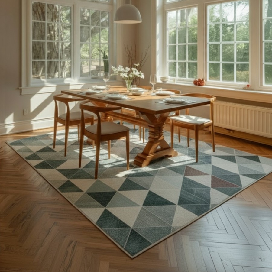 Alfombra Munich | Diseño geométrico moderno en tonos verdes y beige | 4 tamaños disponibles