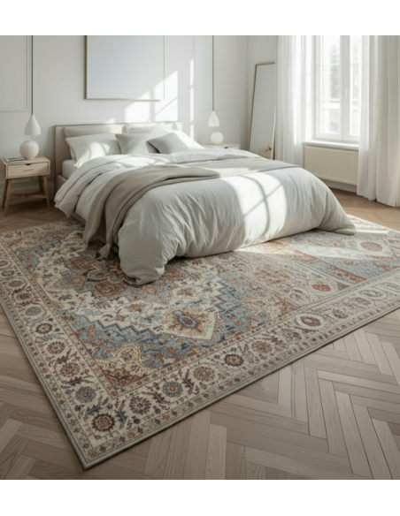 Alfombra Chennai | Diseño clásico oriental en tonos tierra y azul | 4 tamaños disponibles