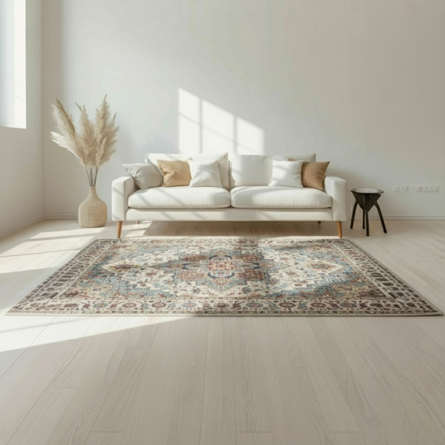 Alfombra Chennai | Diseño clásico oriental en tonos tierra y azul | 4 tamaños disponibles