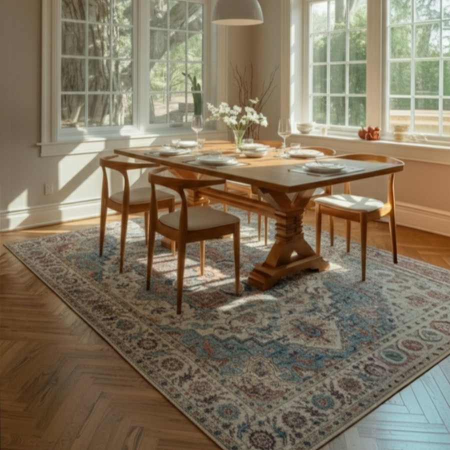 Alfombra Chennai | Diseño clásico oriental en tonos tierra y azul | 4 tamaños disponibles