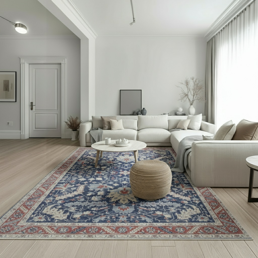 Alfombra Bangladés | Diseño oriental en tonos azul y rojo | 4 tamaños disponibles