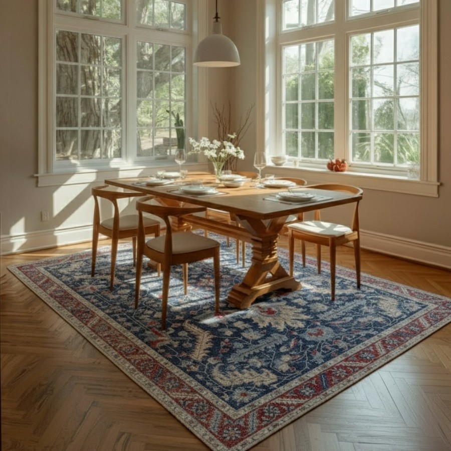 Alfombra Bangladés | Diseño oriental en tonos azul y rojo | 4 tamaños disponibles