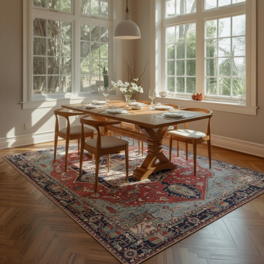 Alfombra Delhi | Diseño oriental clásico en tonos rojos y azules | 4 tamaños disponibles