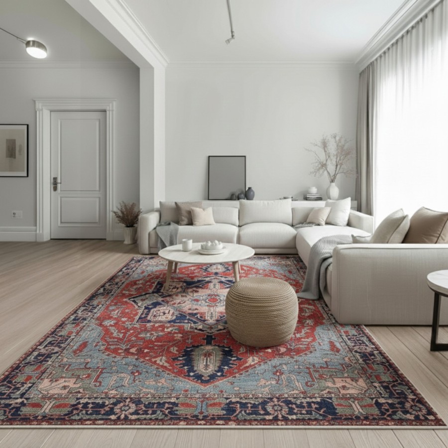 Alfombra Delhi | Diseño oriental clásico en tonos rojos y azules | 4 tamaños disponibles