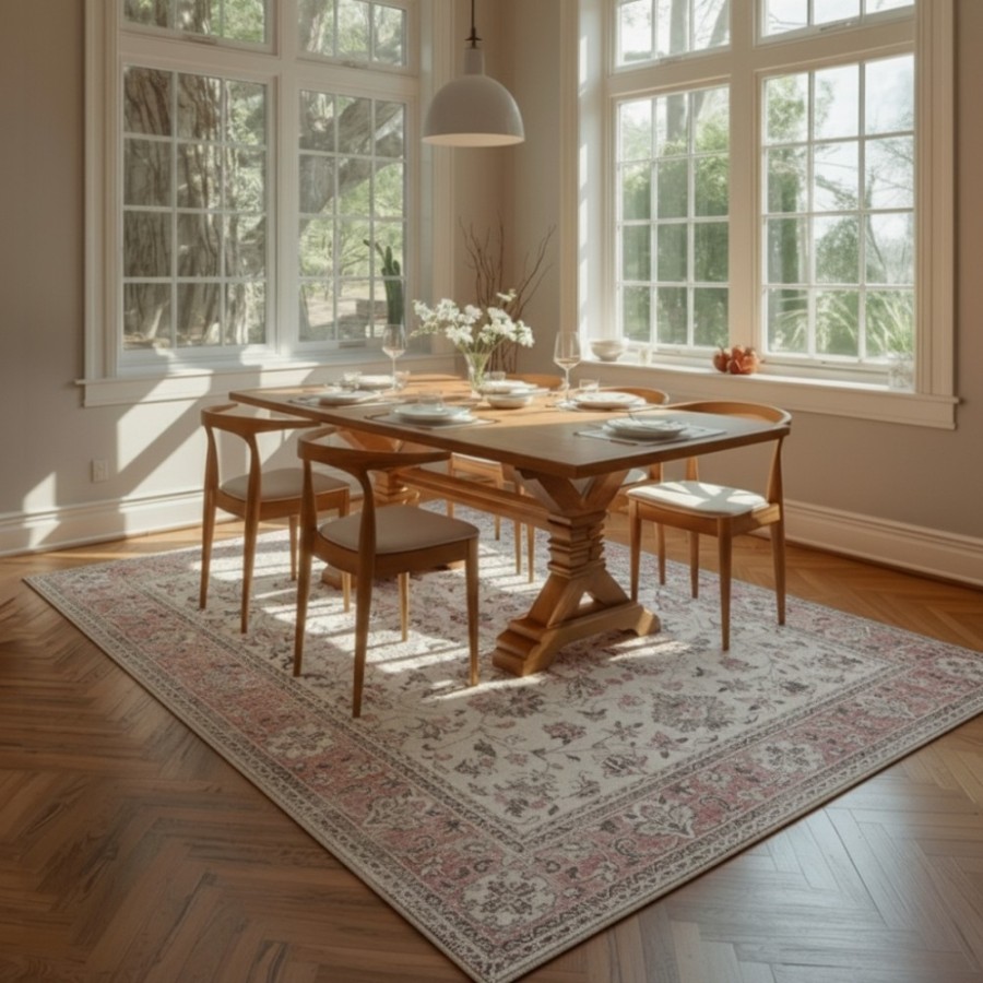 Alfombra Agra | Diseño clásico floral en tonos gris y rosa empolvado | 4 tamaños disponibles