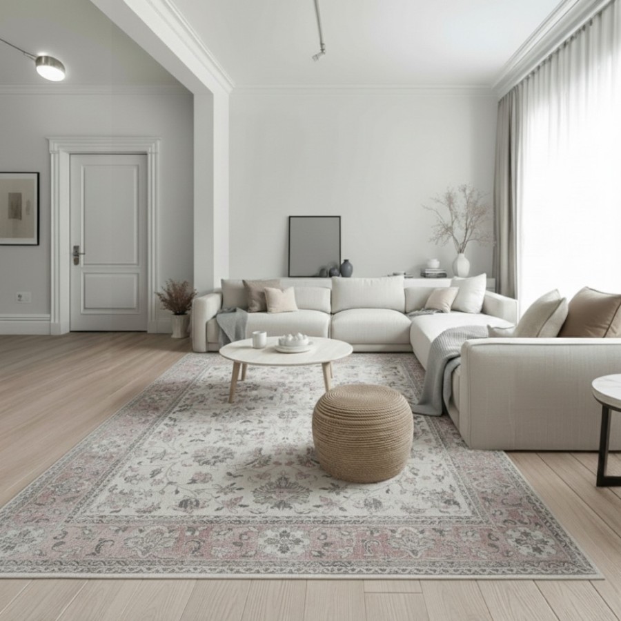 Alfombra Agra | Diseño clásico floral en tonos gris y rosa empolvado | 4 tamaños disponibles