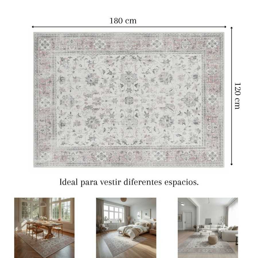 Alfombra Agra | Diseño clásico floral en tonos gris y rosa empolvado | 4 tamaños disponibles