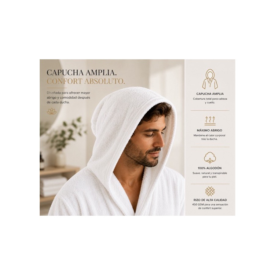 Albornoz Capucha 100% Algodón 450gr - Blanco | Deslan Internacional
