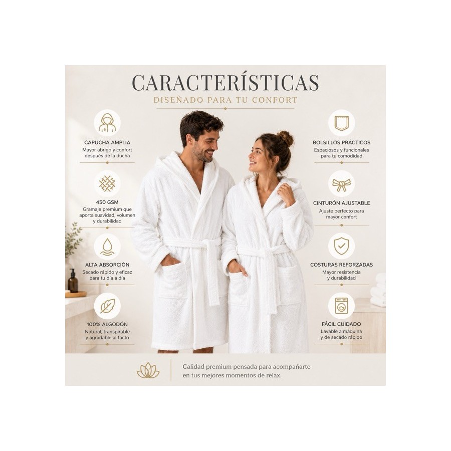 Albornoz Capucha 100% Algodón 450gr - Blanco | Deslan Internacional