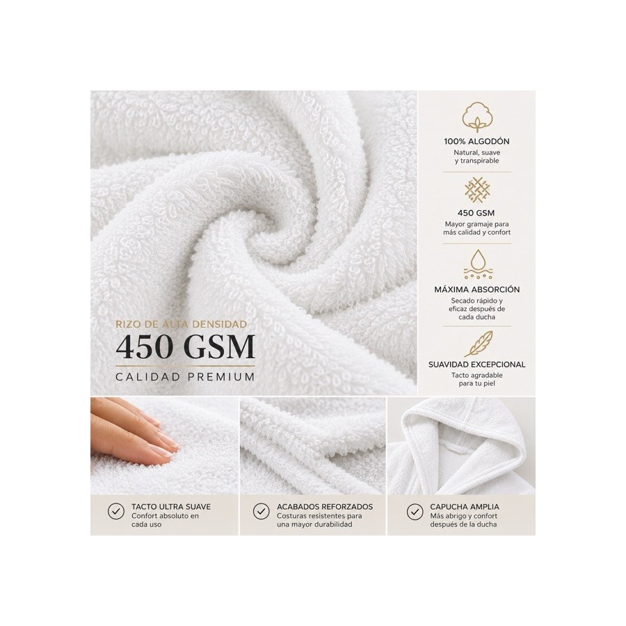 Albornoz Capucha 100% Algodón 450gr - Blanco | Deslan Internacional