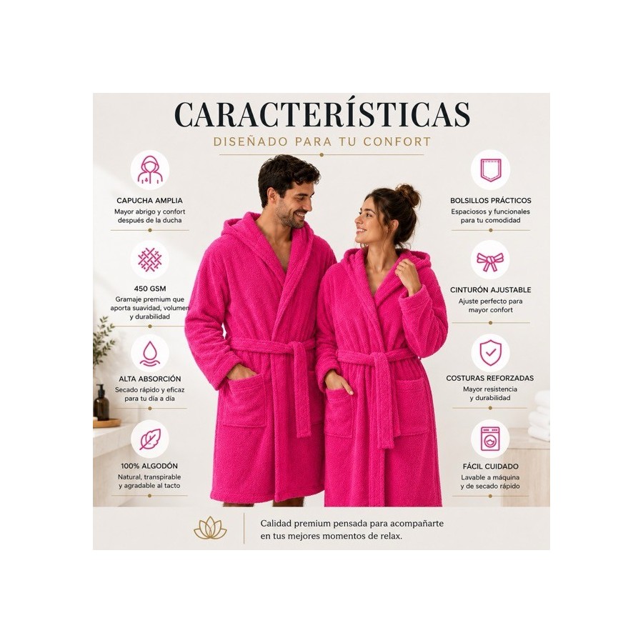 Albornoz Capucha 100% Algodón 450gr - Fuxia | Deslan Internacional
