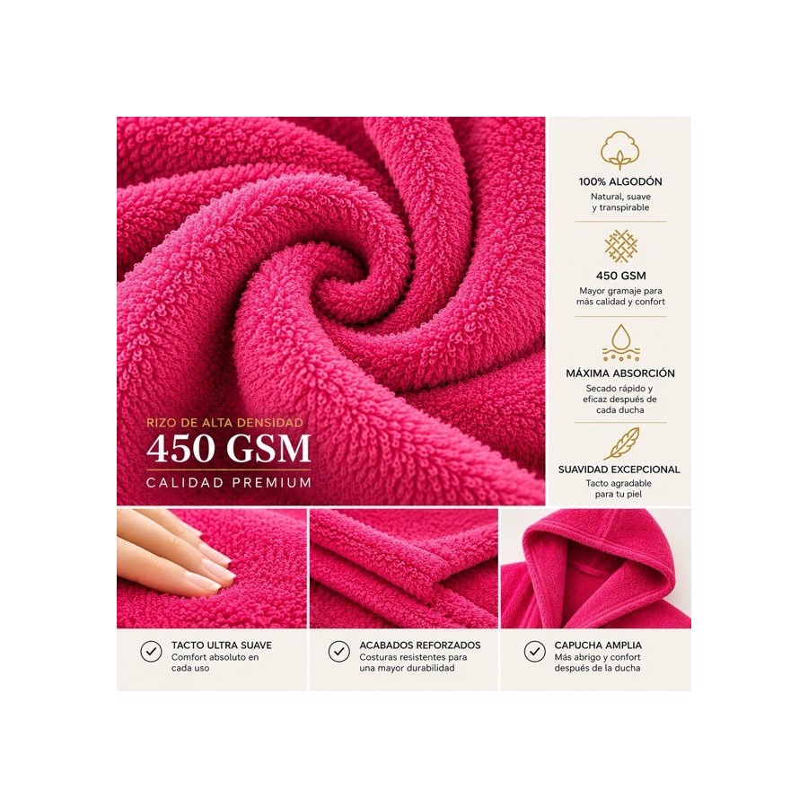 Albornoz Capucha 100% Algodón 450gr - Fuxia | Deslan Internacional