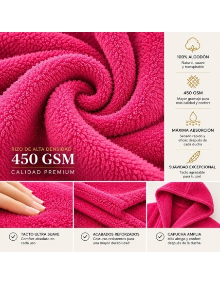 Albornoz Capucha 100% Algodón 450gr - Fuxia | Deslan Internacional