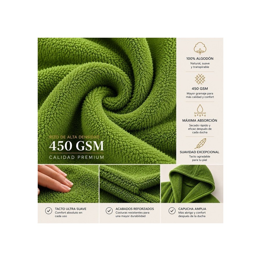 Albornoz Capucha 100% Algodón 450gr - Vede Hoja | Deslan Internacional