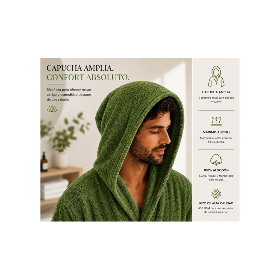 Albornoz Capucha 100% Algodón 450gr - Vede Hoja | Deslan Internacional