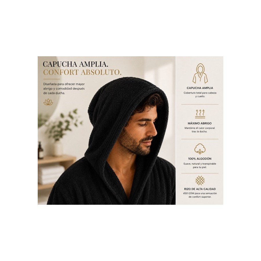 Albornoz Capucha 100% Algodón 450gr - Negro | Deslan Internacional