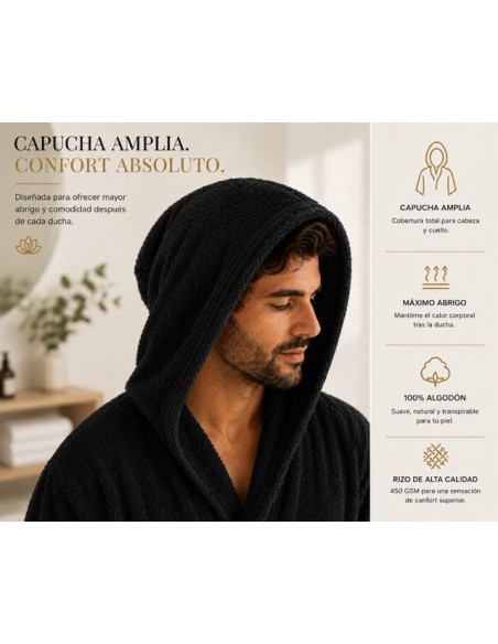 Albornoz Capucha 100% Algodón 450gr - Negro | Deslan Internacional