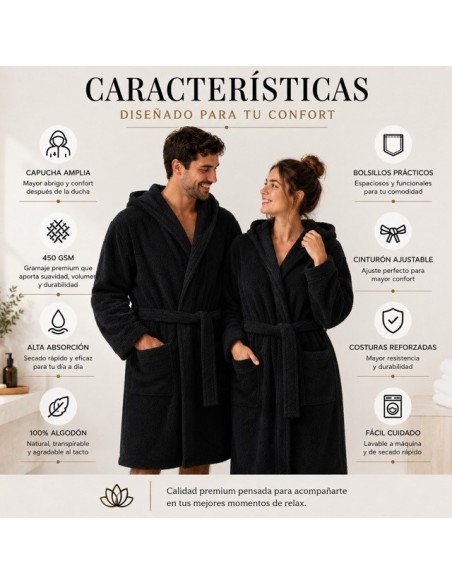 Albornoz Capucha 100% Algodón 450gr - Negro | Deslan Internacional