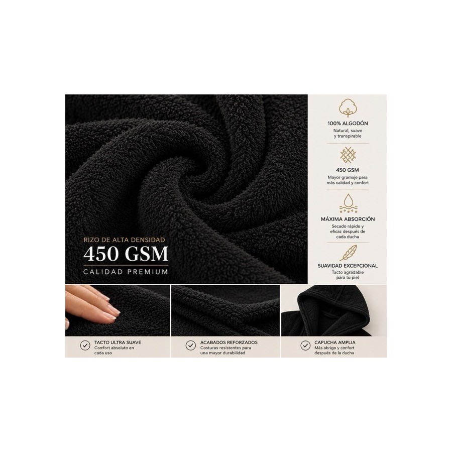 Albornoz Capucha 100% Algodón 450gr - Negro | Deslan Internacional