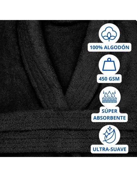 Albornoz Cuello Smoking 100% Algodón 450gr - Negro | Deslan Internacional