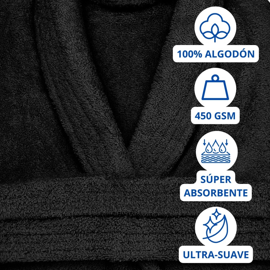 Albornoz Cuello Smoking 100% Algodón 450gr - Negro | Deslan Internacional