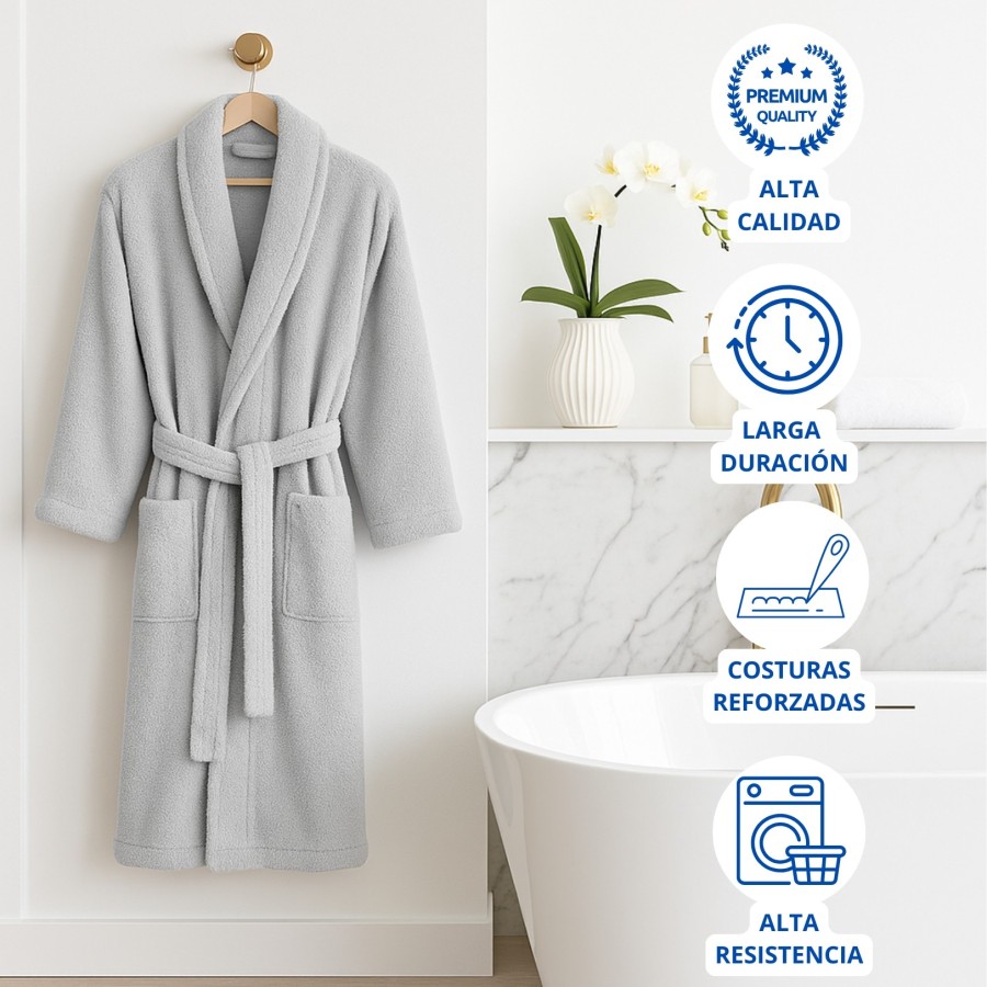 Albornoz Cuello Smoking 100% Algodón 450gr - Gris plata | Deslan Internacional