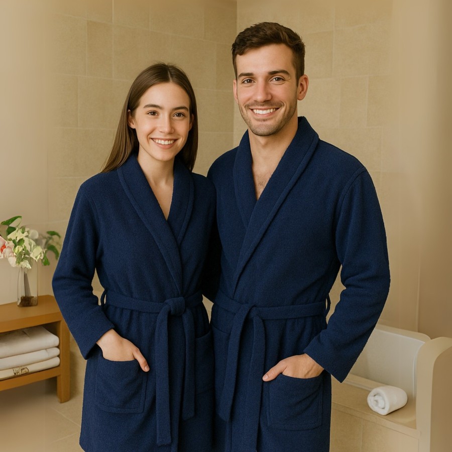 Albornoz Cuello Smoking 100% Algodón 450gr - Marino | Deslan Internacional