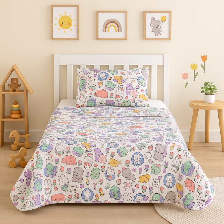 Colcha Bouti Infantil Animalitos con Funda de Cojín | Cama 90 cm | Deslan Internacional