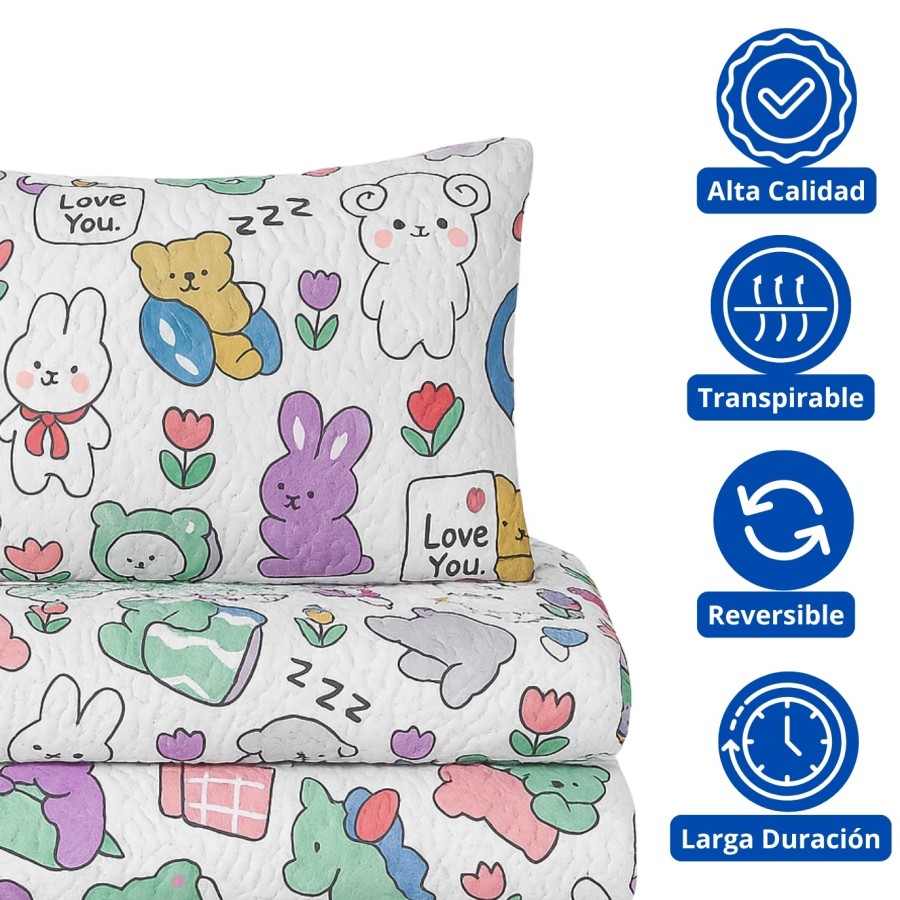 Colcha Bouti Infantil Animalitos con Funda de Cojín | Cama 90 cm | Deslan Internacional