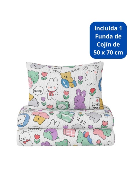 Colcha Bouti Infantil Animalitos con Funda de Cojín | Cama 90 cm | Deslan Internacional