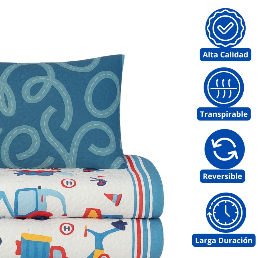 Colcha Bouti Infantil Camiones con Funda de Cojín | Cama 90 cm | Deslan Internacional