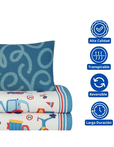 Colcha Bouti Infantil Camiones con Funda de Cojín | Cama 90 cm | Deslan Internacional