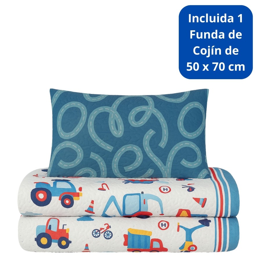 Colcha Bouti Infantil Camiones con Funda de Cojín | Cama 90 cm | Deslan Internacional