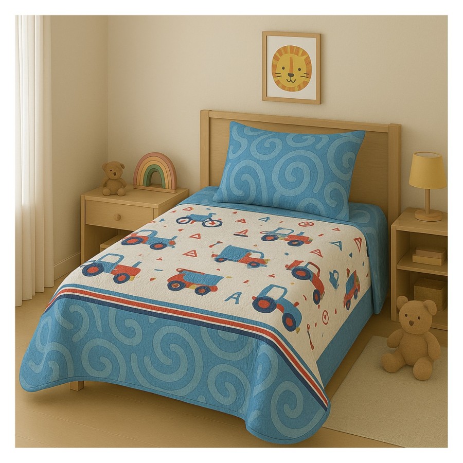 Colcha Bouti Infantil Camiones con Funda de Cojín | Cama 90 cm | Deslan Internacional