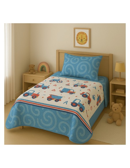 Colcha Bouti Infantil Camiones con Funda de Cojín | Cama 90 cm | Deslan Internacional