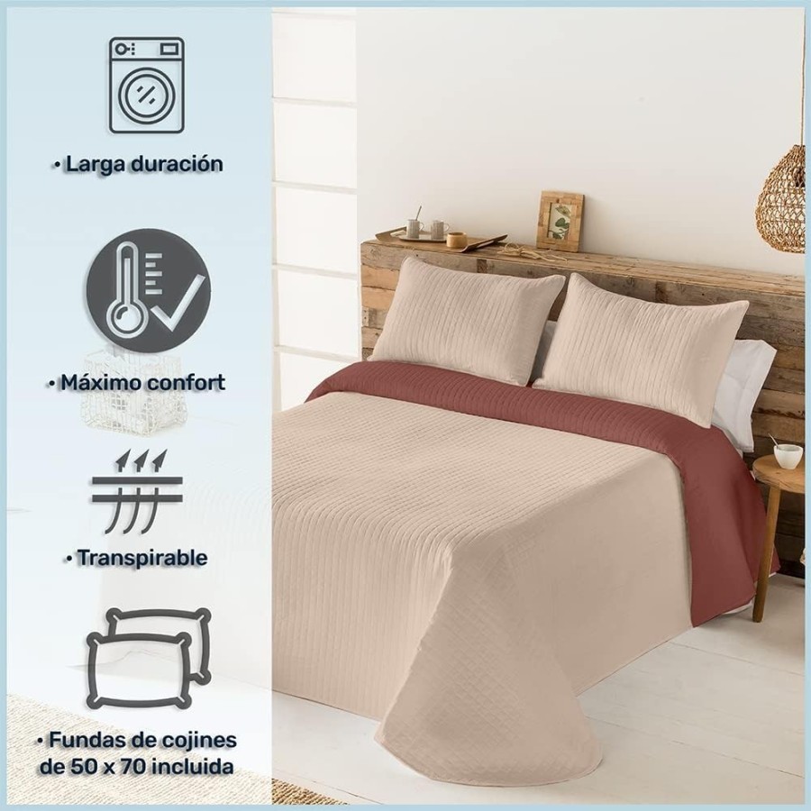Colcha Reversible Modelo Quito - Beige | Microfibra Termosellada | Deslan Internacional