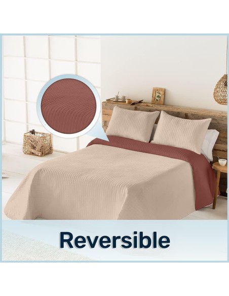 Colcha Reversible Modelo Quito - Beige | Microfibra Termosellada | Deslan Internacional