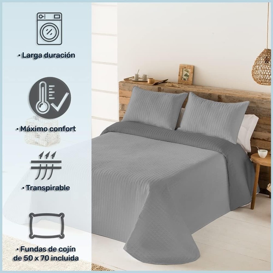 Colcha Reversible Modelo Quito - Gris | Microfibra Termosellada | Deslan Internacional