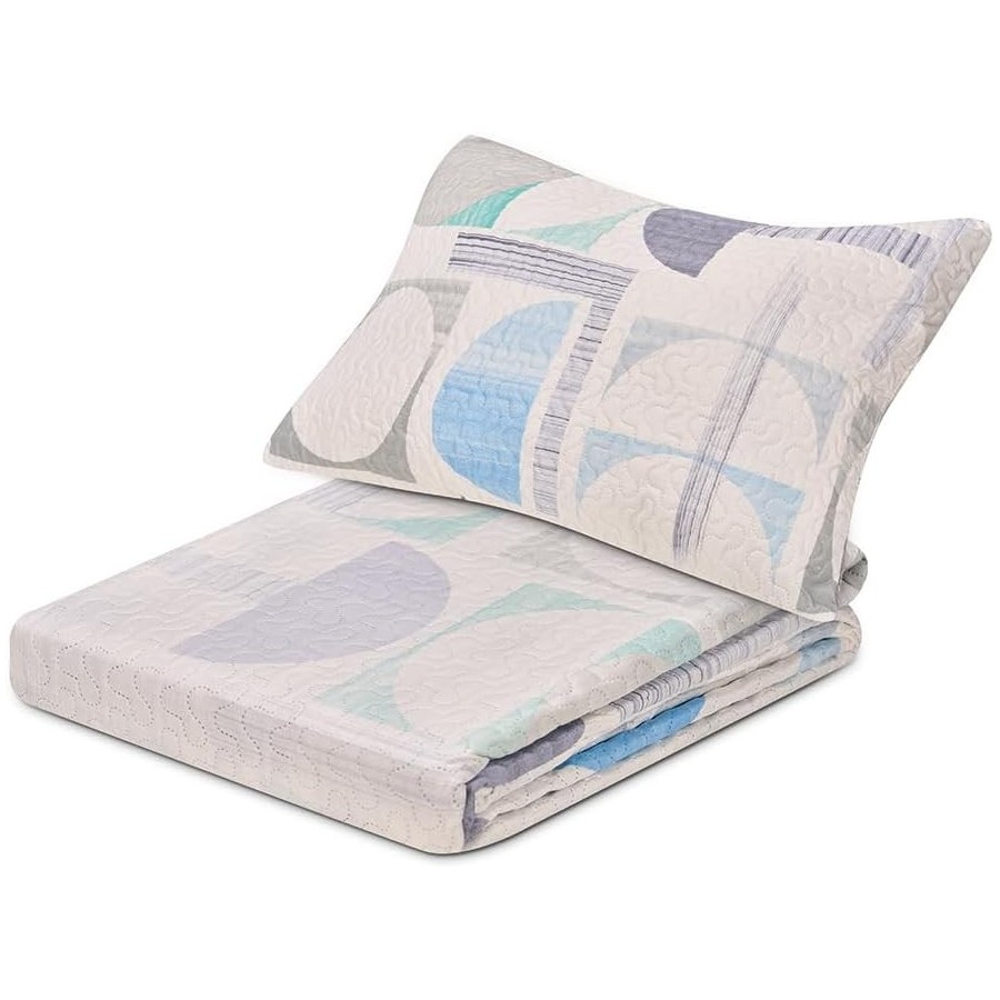 Colcha Bouti Reversible OPORTO | Diseño Geométrico Azul y Gris | Deslan Internacional