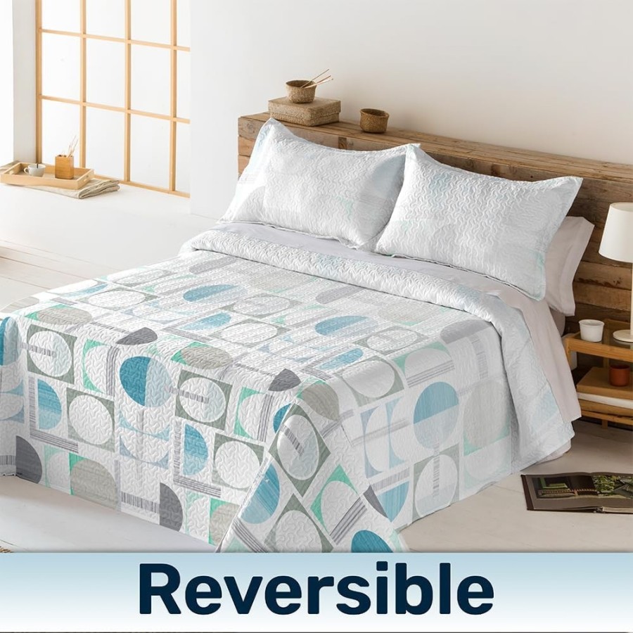 Colcha Bouti Reversible OPORTO | Diseño Geométrico Azul y Gris | Deslan Internacional