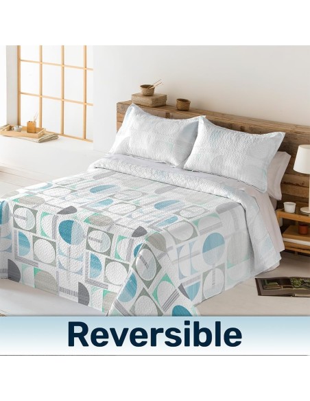 Colcha Bouti Reversible OPORTO | Diseño Geométrico Azul y Gris | Deslan Internacional