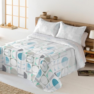 Colcha Bouti Reversible OPORTO | Diseño Geométrico Azul y Gris | Deslan Internacional