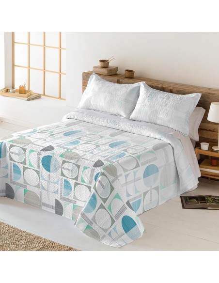 Colcha Bouti Reversible OPORTO | Diseño Geométrico Azul y Gris | Deslan Internacional