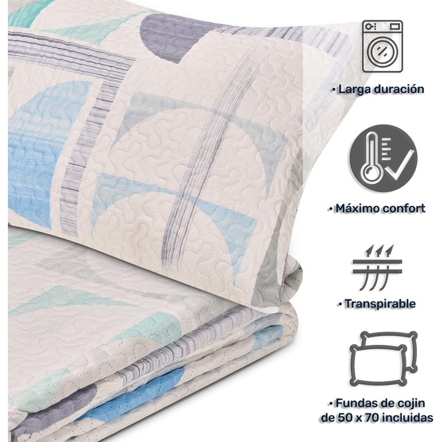 Colcha Bouti Reversible OPORTO | Diseño Geométrico Azul y Gris | Deslan Internacional