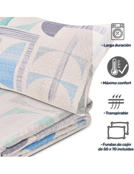 Colcha Bouti Reversible OPORTO | Diseño Geométrico Azul y Gris | Deslan Internacional