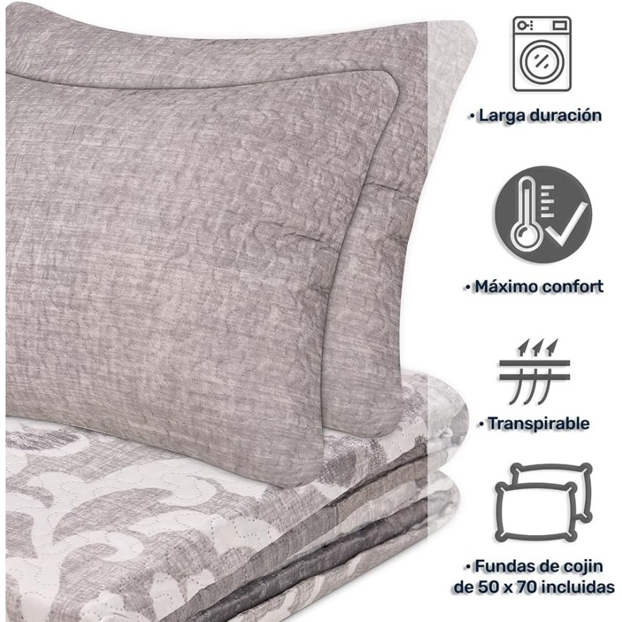 Colcha Bouti Reversible TRAPANI | Estilo Clásico Gris | Deslan Internacional