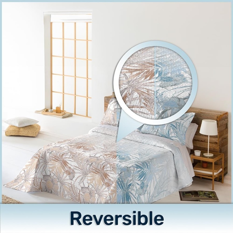 Colcha Bouti Reversible ALMERE | Estampado Tropical Azul o Marrón | Deslan Internacional